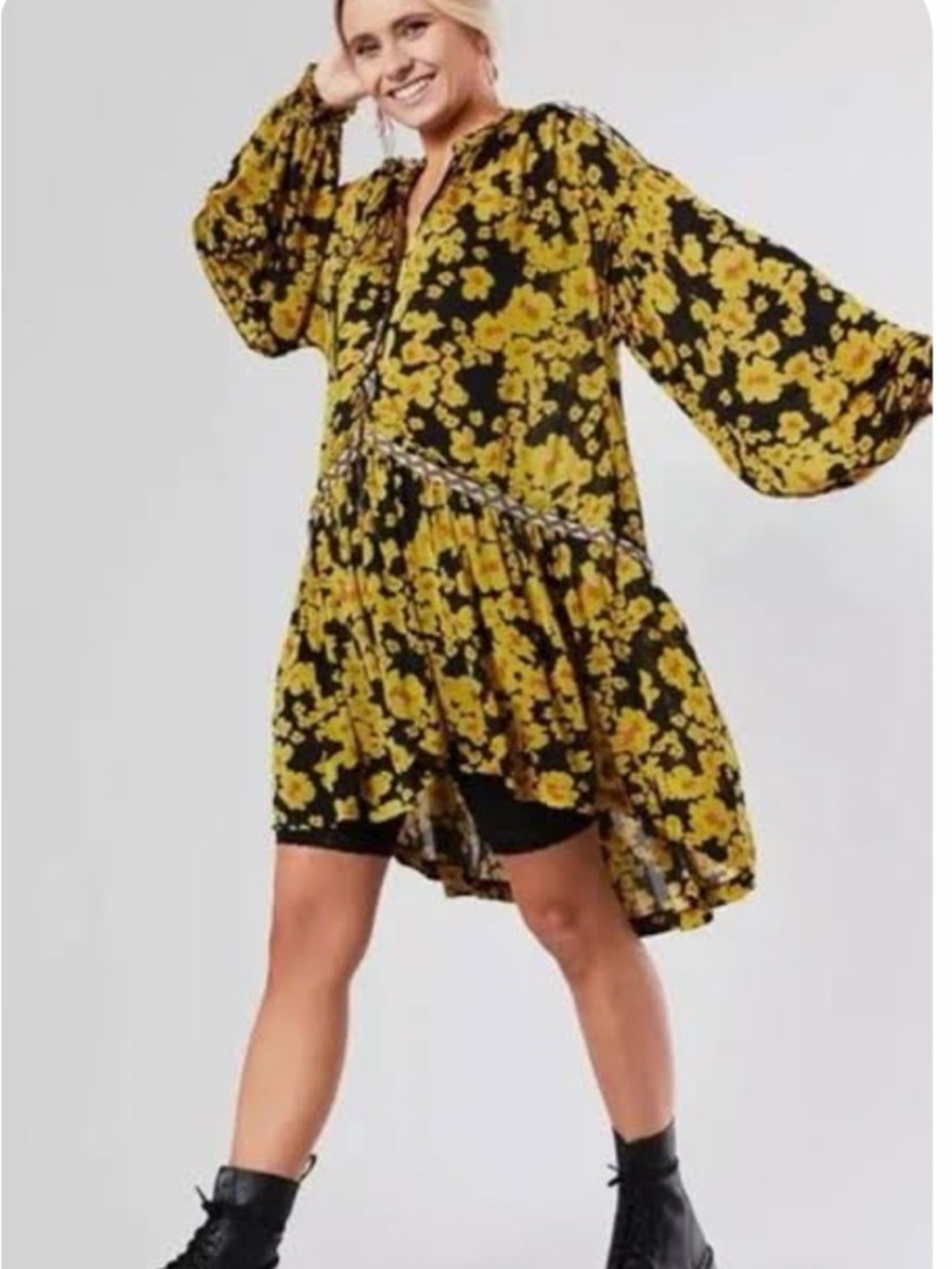 Free People Love Letter Safari Yellow Floral Boho Tunic / Dress